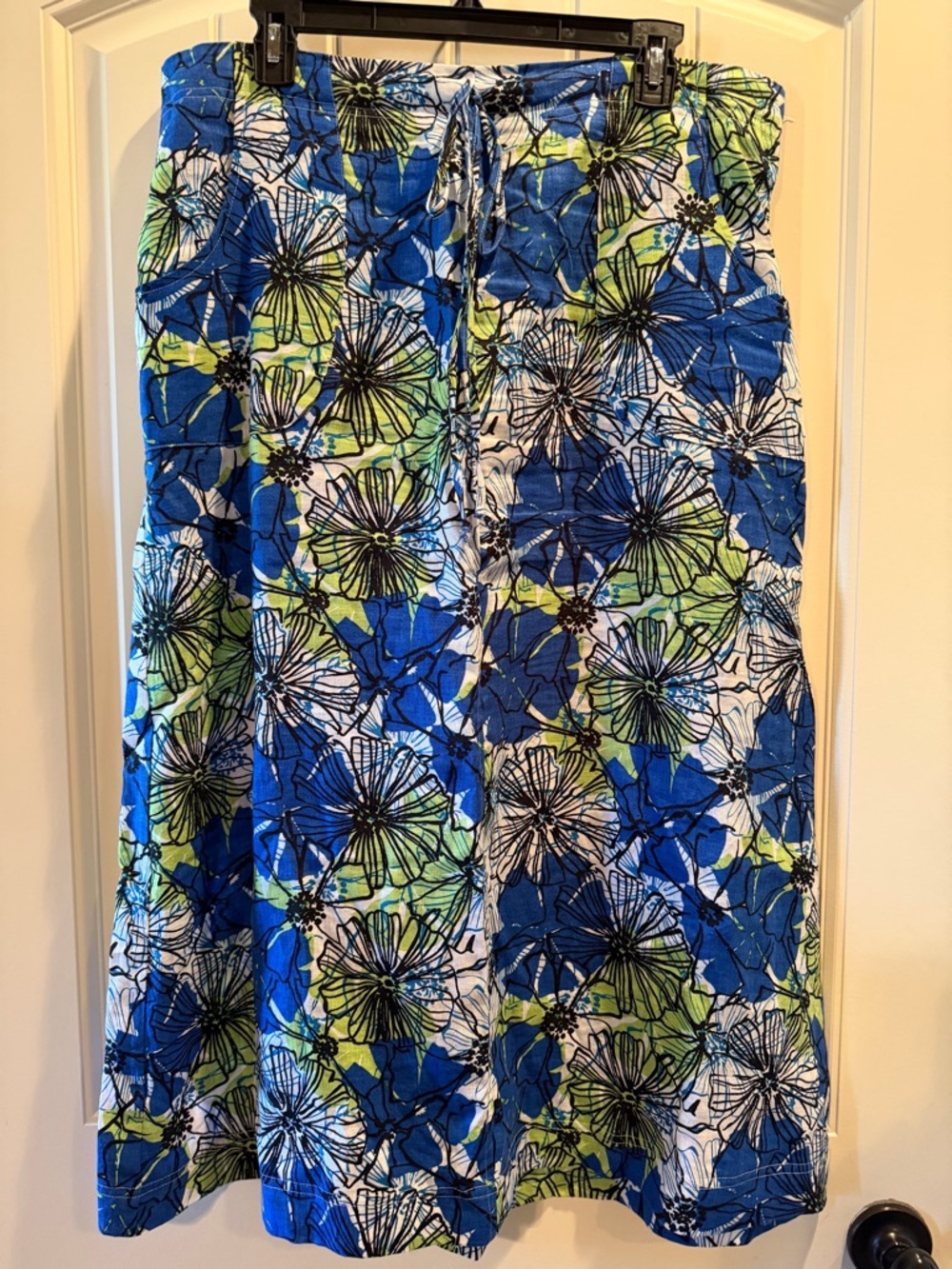 Choices 100% Linen Blue & Green Floral Drawstring Skirt Size Large